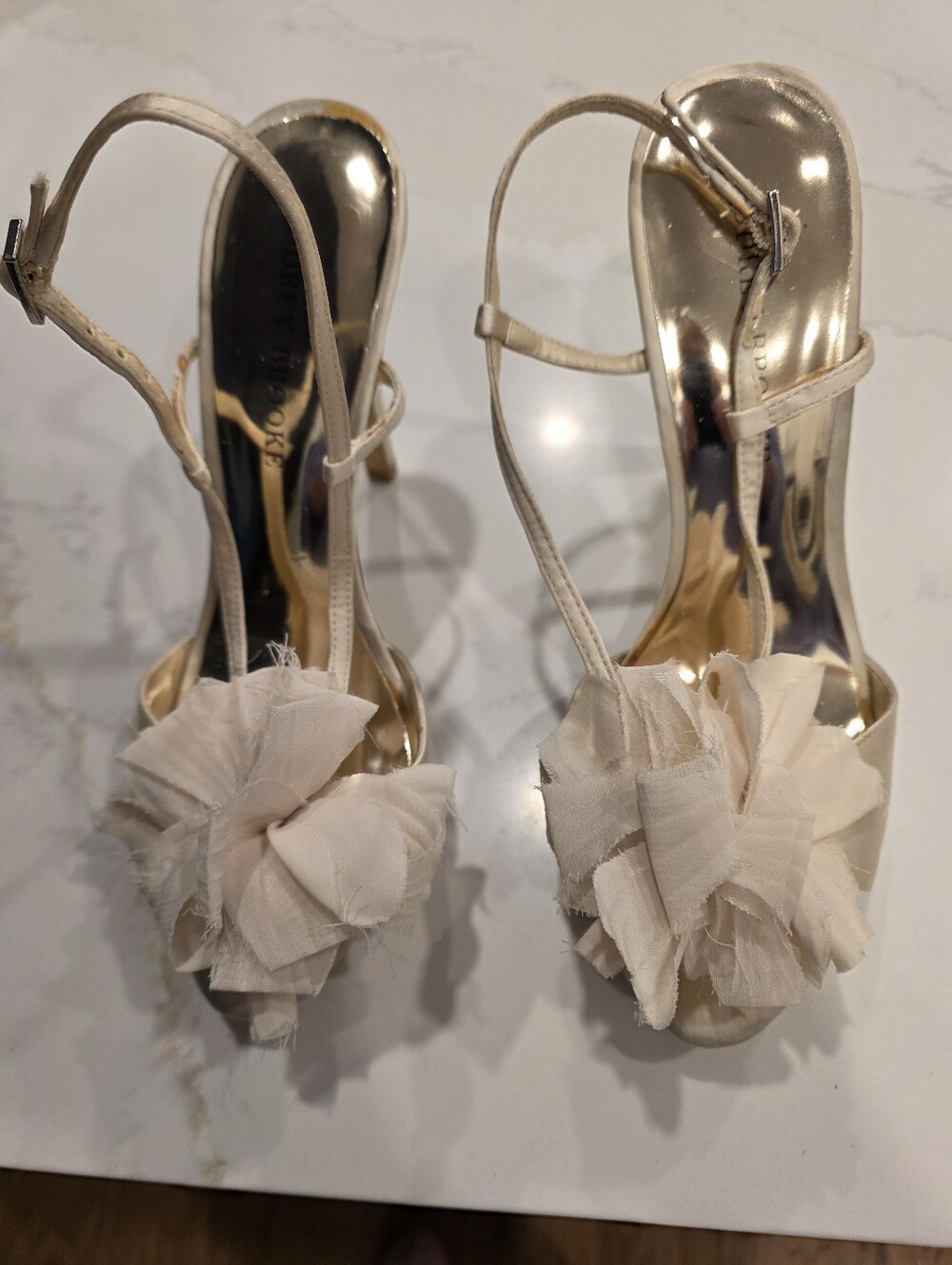 Women's Ivory Silk Slingback Open Toe Heels With Fluttery Flower On Top. - Picture 1 of 4
